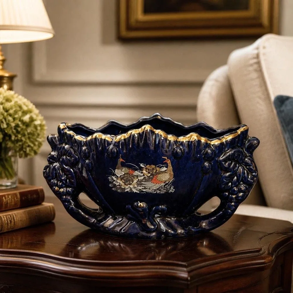 Porcelain Decorative Bowl Cobalt Blue with Hand-painted Gold Trim and Birds